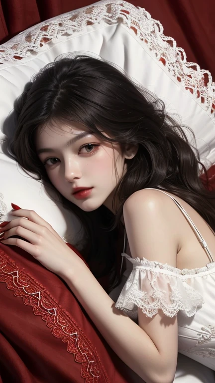 (original photo,best quality),(lifelike,Photo lifelike:1.3),best quality,Very detailed,masterpiece,Ultra Detailed,illustration,1 girl, Slim Figure, Whole_Body, Beautiful_Legs. an intimate woman, (lying on PURE-RED-FABRIC: 1.5), long wavy hair, BLACK hair, (wearing PURE-WHITE-LACE-DRESS: 1.2), red-nailpolish on toe.