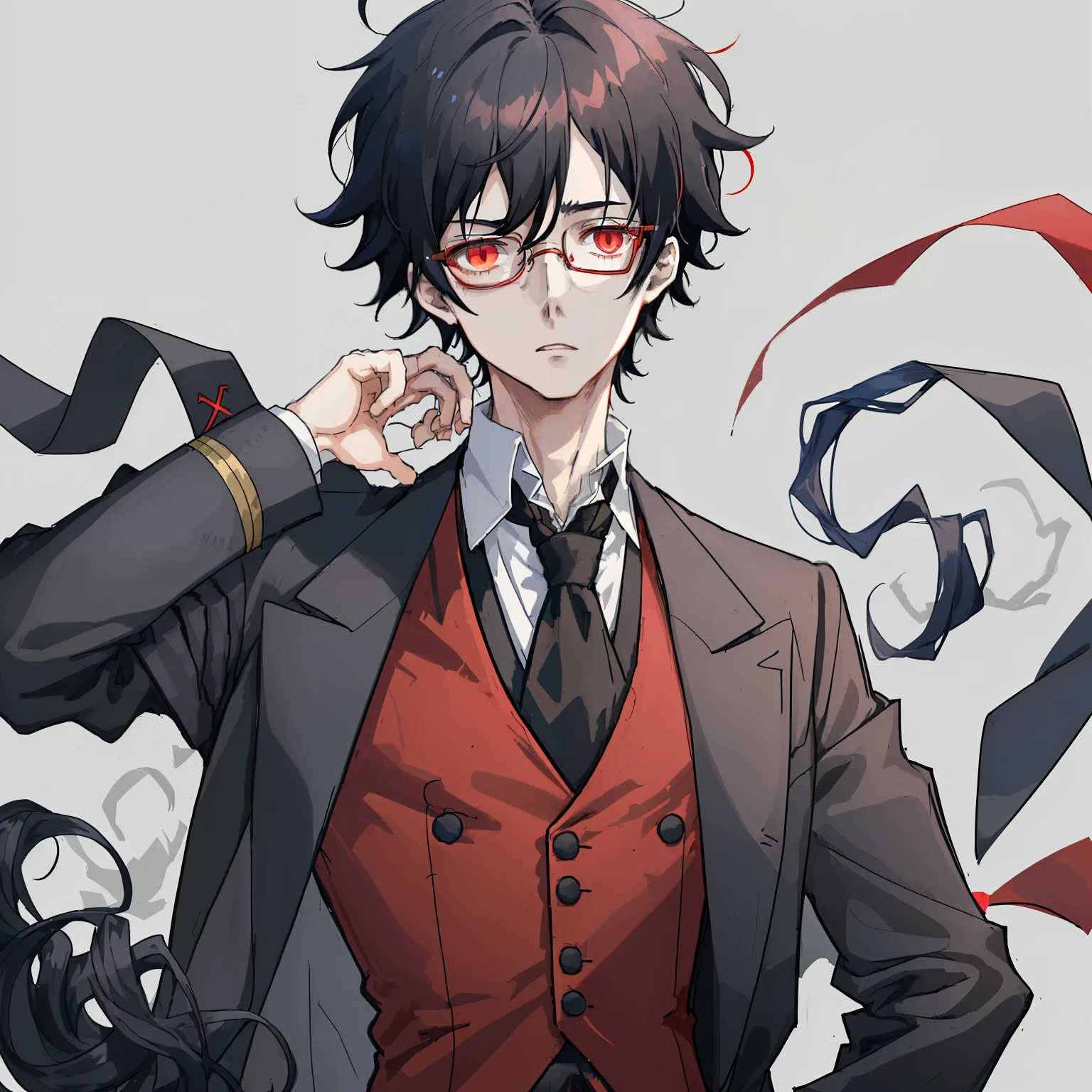 1boy, anime, unkempt_short_wavy_hair, black_hair, navy_blue_long_coat, red_waistcoat, black_ascot_tie, red_eyes, white_background, black_glasses, looking_at_viewer