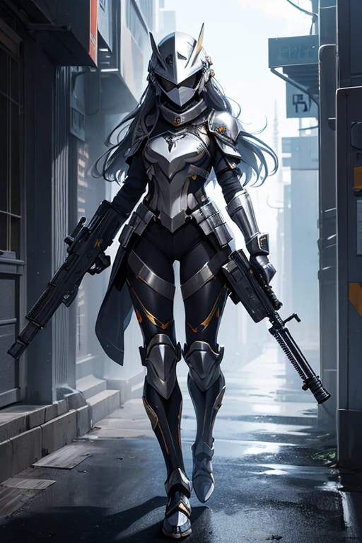 artistic,anime,portraits,high-res,vivid colors,woman,ager,templars,metallic full body armor covering her whole body,metallic whole helmet covering her entire head,metallic face shield covering her eyes,no eyes,modern standing pose,holding assault rifle in her two hands,long hair,graceful costume,sharp focus