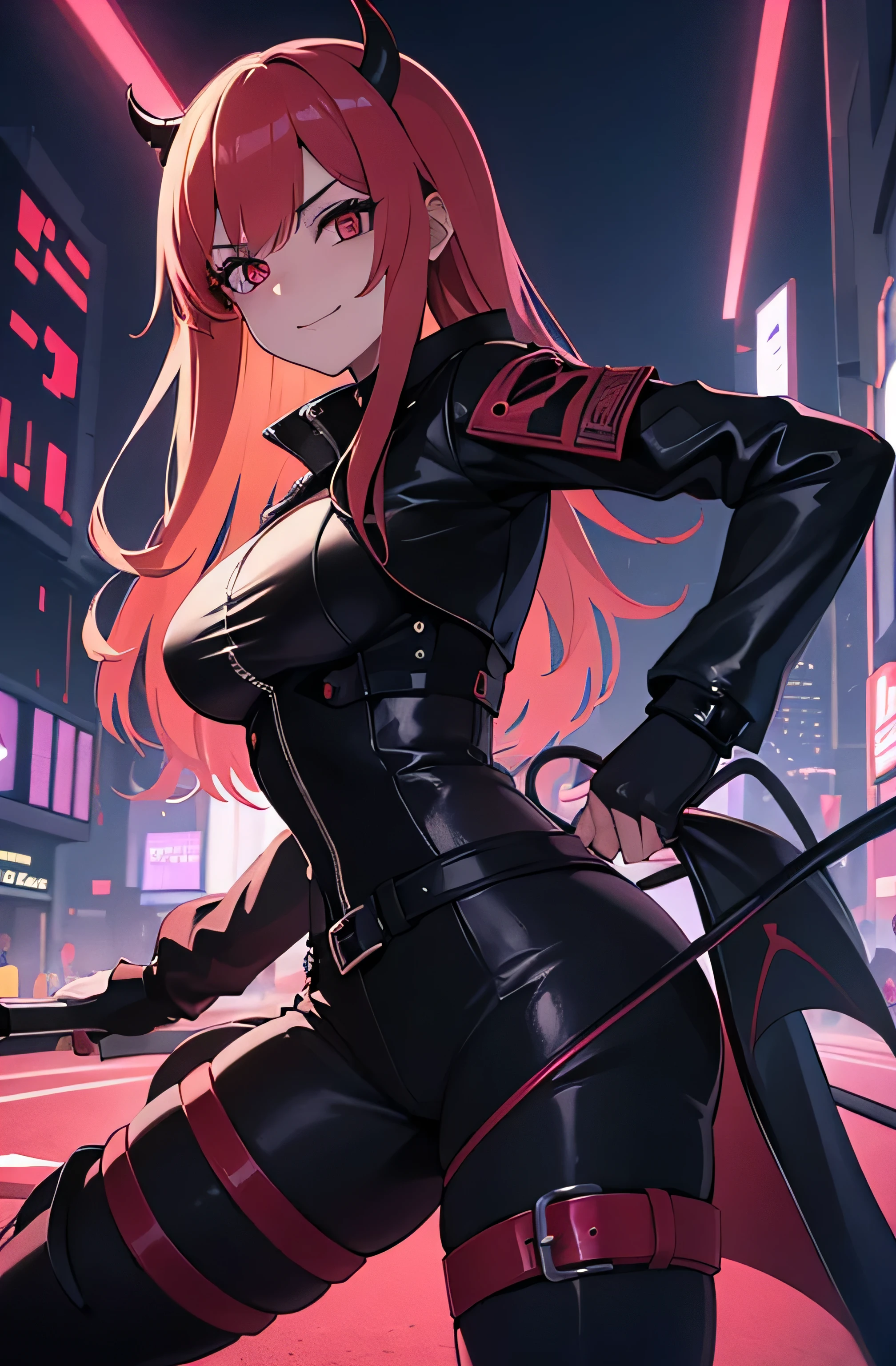 Best quality, une fille, yeux rouge, agressive, Threatening, demon, sourire, dent pointue, se retourne vers moi, une tenue moulante, dans une ville cyberpunk, la nuit
