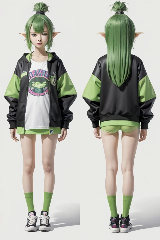 A shy tall female goblin with green skin, voluminous colorful hair, using a pacifier, printed clothes, and long socks. anime art style, multiple views. standing. Showing panties