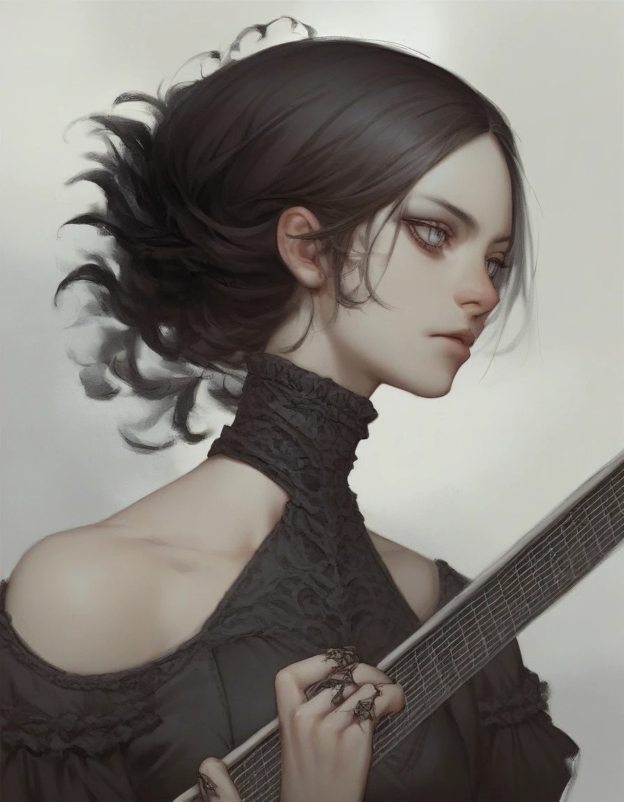 score_9, score_8_up, score_7_up, score_6_up, score_5_up, score_4_up, source_anime, portrait 1girl, solo, metal rock 1girl holding a guitar, gothic make-up, intricate details, highly detailed anime eyes, fancy hair and dark gothic dress, intricate details