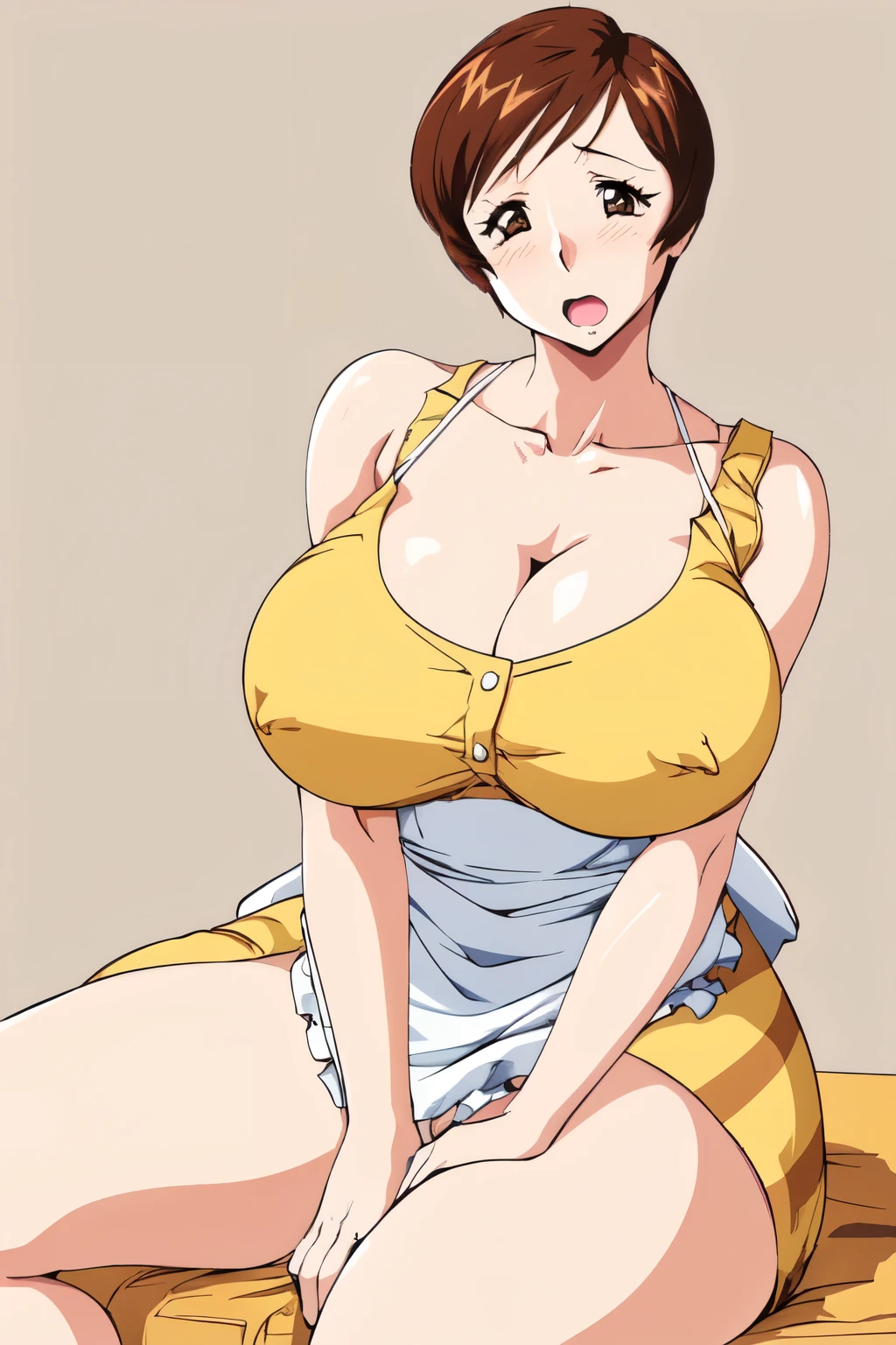 masterpiece, highest quality, High resolution, 1girl, solo, sexual intercourse, Pornographic image, short hair, etsukoto, brown eyes, fine grain, fine grain, (((Thick thighs, Plump thighs, Voluptuous thighs, Thighs are enough))), huge and ample breasts, Cleavage, Huge long breasts, Naughty big,((huge breasts are important))、((Naughty thighs)), L Cup, (thin:1.4),(Tight waist:1.4),  (yellow dress:1.4), ((white waist apron)), white panties, wide eyed, open mouth, Surprised expression, blush, head tilt, look away, (((Simple Background))), ((Wide Hips)), Shiny, Oily skin, Mature mother, Calf, Seductive mature woman, Perfect body, Plus Size Model, etsukoto, clavicle, retro artstyle, 1990s (style), sitting, open legs, nsfw,