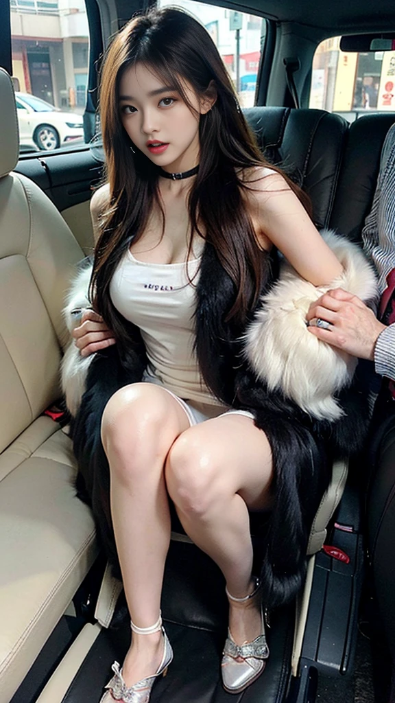 (((NFSW : 1.2))), (((pornography))), (realistic), (intricate details:1.2), (masterpiece、:1.3), (top quality:1.4), (Ultra A high resolution:1.2), Ultra A high resolution, 8K resolution, very detailed expression, dark, (high quality), complete anatomy, natural anatomy, full body photo, 1 Girl is being caress by 2 men, 21 years old, (call girl:1.5), (prostitute: 1.5), (she is korean:1.6), (beautiful : 1.4), (Shiny blonde banging), (big earrings), heavy makeup, Confusing wording, choker necklace, long legs, (girl weared slim feminine dress. : 1.4), (a girl is wearing a fur jacket :1.4), glowing skin,(eye contact each other :1.4), the men tie up her arms behind back, (((orgasm : 1.4))), (((moaning : 1.2))),(She being caught and sexually harassed by men : 1.5), (she be forcibly raped by two men : 1.5), violated by them, She can not resist holding her arms grabbed by men., his dicks are being inserted into her pussy and anal., a man tighten her panty, a man tears off her pantyhose to explore her pussy, grabed ass, (The men grabbed her thighs.), caress, fondle, (in the car : 1.6), (detailed background:1.2),(She has fun with several Korean men : 1.4), (One pair of shoes are always symmetrical:1.5)