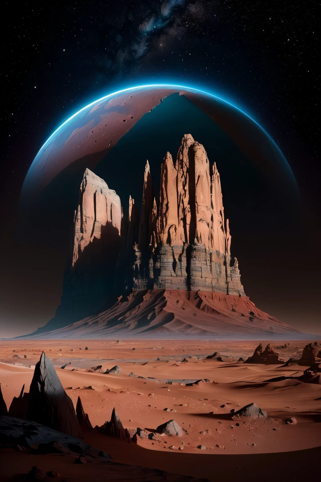 Planet Mars in Universum, Realistic:
A highly detailed and hyper-realistic depiction of Mars, presented in 8K ultra-definition, reveals the barren yet captivating red landscape of the fourth planet from the sun. The martian landscape, bathed in the soft glow of a distant sun, appears as if it's being sculpted from ochre and rust. Colorful dust storms, swirling across the surface, create an eerie yet beautiful contrast with the sharp, jagged cliffs and canyons. The towering Olympus Mons, with its ghostly, ever-present blue haze, stands as a testament to Mars' ancient past and mysterious allure. A ha