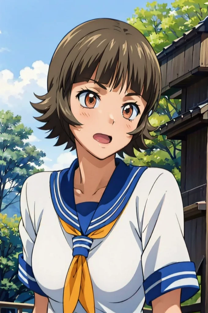 (masterpiece:1.3),(highest quality:1.4),(Super detailed:1.5),8K,High resolution,an extremely delicate and beautiful,Official Art,Perfect Anatomy,(anime_screencap:1.11),(90s Anime,90s Anime style,Cel-shaded anime:1.17),
anime coloring,detailed face and eyes, (solo:1.5),(anmnr:1.1),((ekitokuwz:1.52)),(school uniform:1.3),serafuku,short brown hair,  pleated skirt, blue skirt, brown eyes, yellow neckerchief, short sleeves, japanese architecture, 
Outdoor, sunny, Jumping, :d