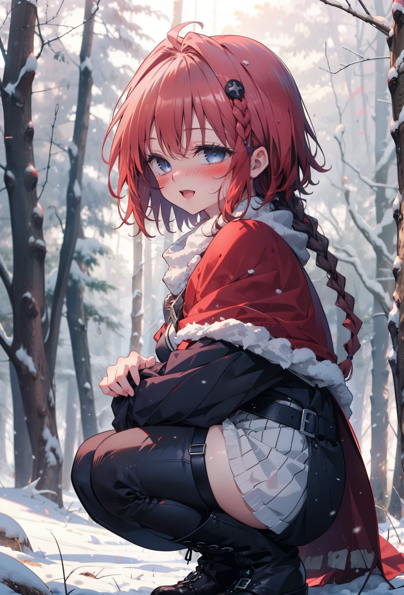 kurosaki mea,Redhead,Long Hair,Long braids,Purple eyes,smile,smile,blush,White Breath,
Open your mouth,snow,Ground bonfire,,Outdoor, boots, snowing, From the side, wood, suitcase, Cape, Blurred, , forest, White handbag, nature,  Squat, Mouth closed, Cape, winter, Written boundary depth, Black shoes, red Cape break looking at viewer, Upper Body, whole body, break Outdoor, forest, nature, break (masterpiece:1.2), highest quality, High resolution, unity 8k wallpaper, (shape:0.8), (Beautiful and beautiful eyes:1.6), Highly detailed face, Perfect lighting, Extremely detailed CG, (Perfect hands, Perfect Anatomy),