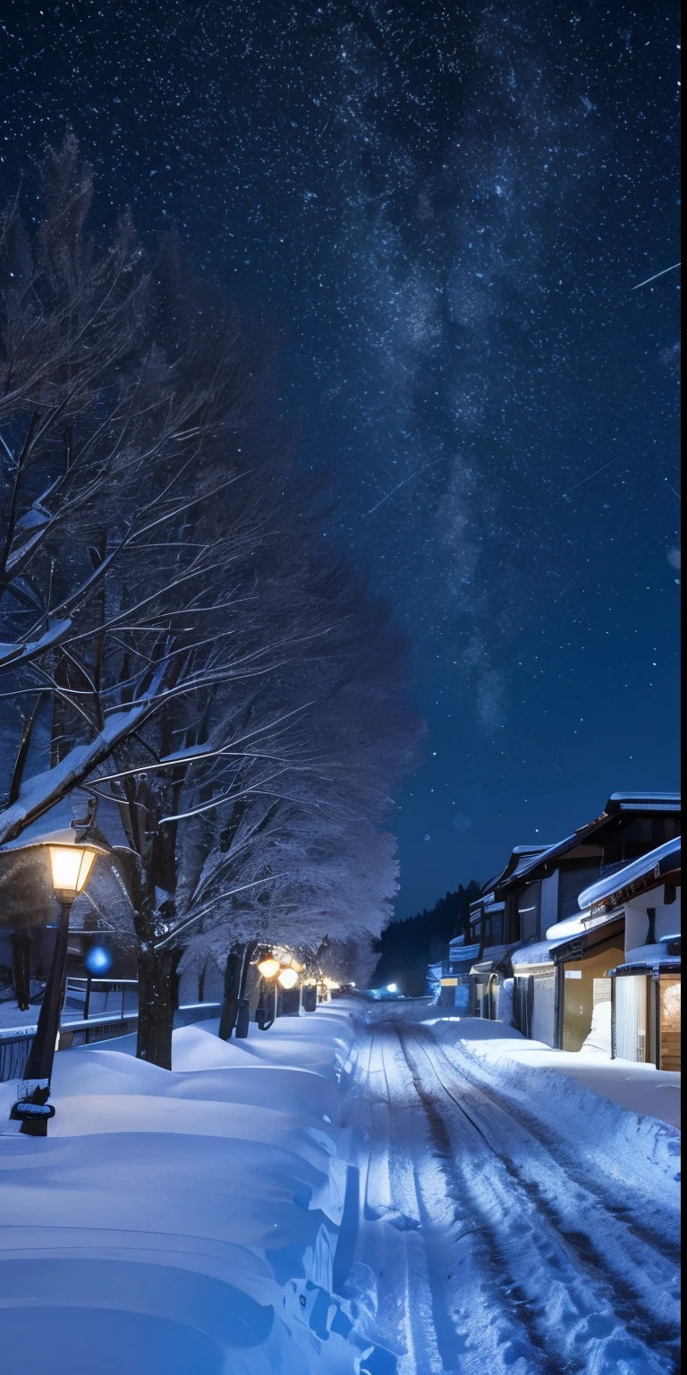 Countryside Snow、night、Snow is falling from the sky、