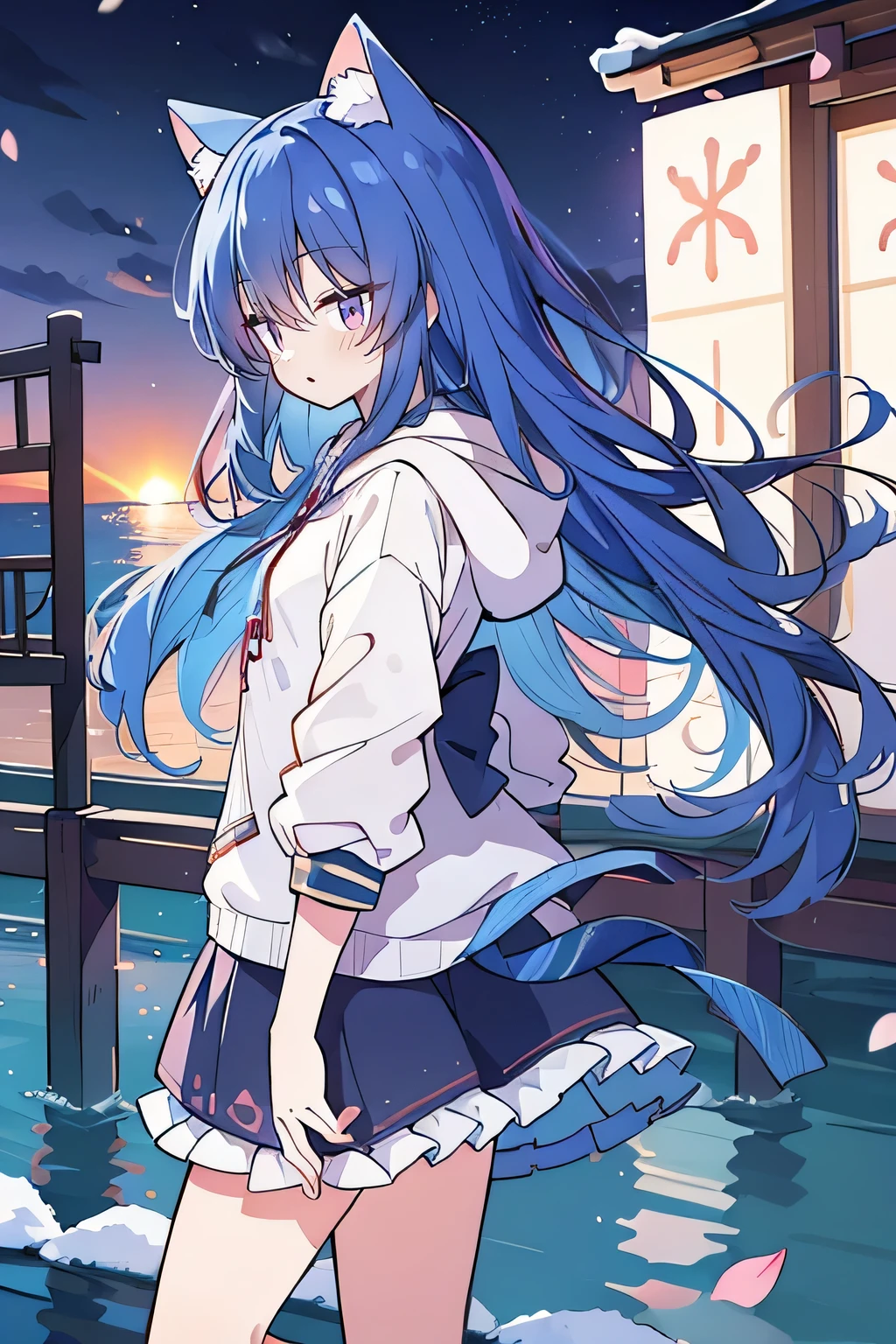 (masterpiece:1.2),Super detailed,lifelike,Expressive eyes,fair skin,perfect face shape,1 girl,
Japanese comics,Gorgeous blue hair,flowing blue hair,flowing clothes,Cat ears,Petals fall,beautiful lola,Baby Angel,sunrise,
Shaking head with one hand,Cross your legs,Gentle and peaceful background,The pavilion is cool and comfortable,smile, wearing hoodie, background of tokyo,back views,snowing, winter,seaside,wet clothes,A smile,A faint smile,。