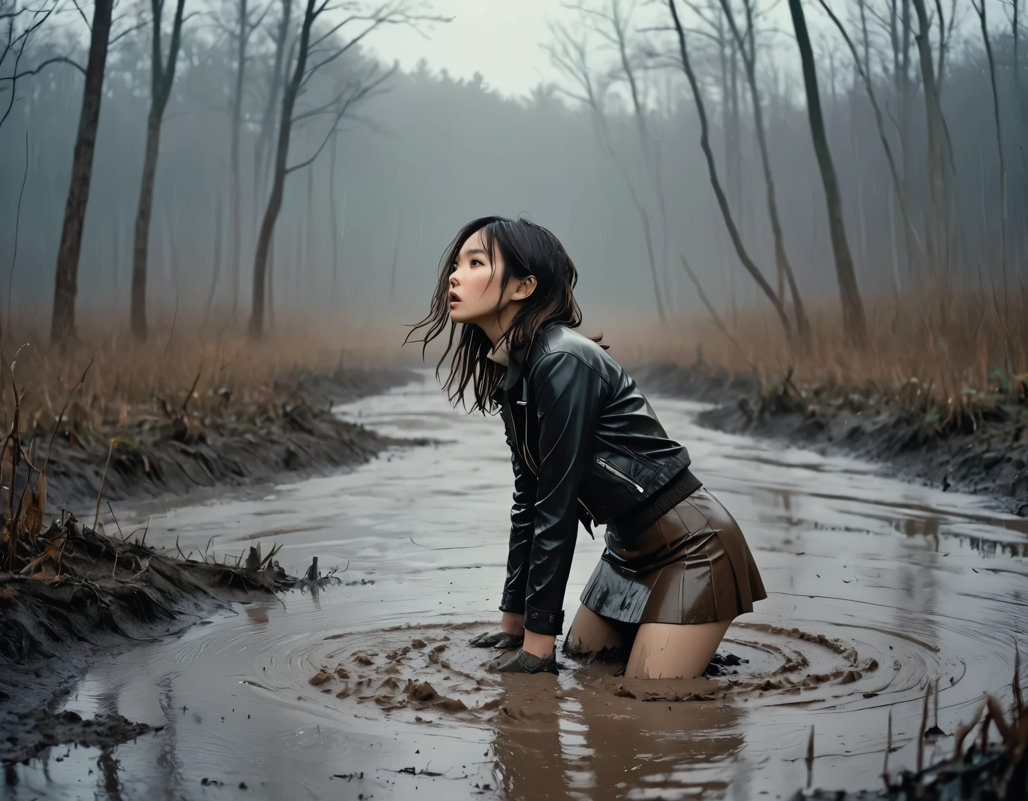 Arafed woman in a muddy area with a puddle of water - SeaArt AI