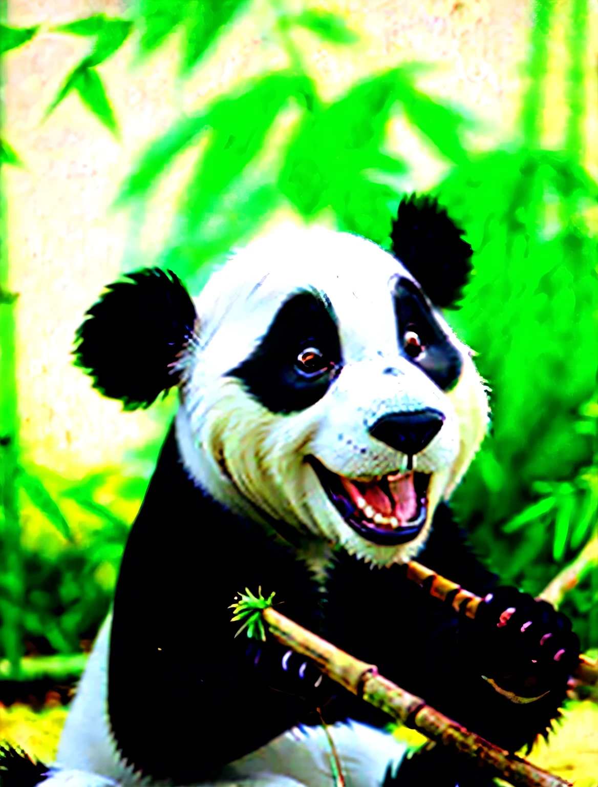Head of a panda smiling with bamboo planted behind