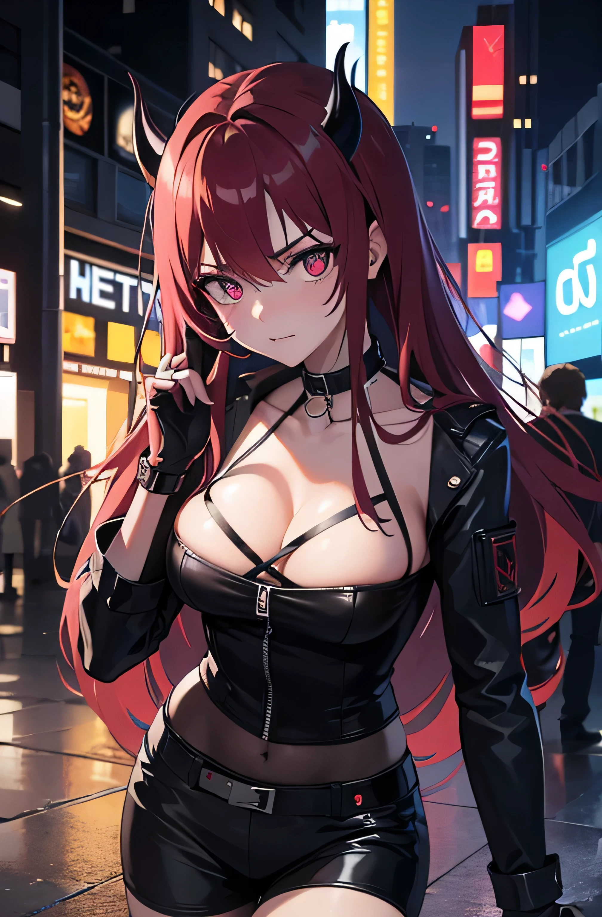 Best quality, une fille, demon, yeux rouge, agressive, envoutante, Threatening, se retourne vers moi, dans une ville cyberpunk, la nuit