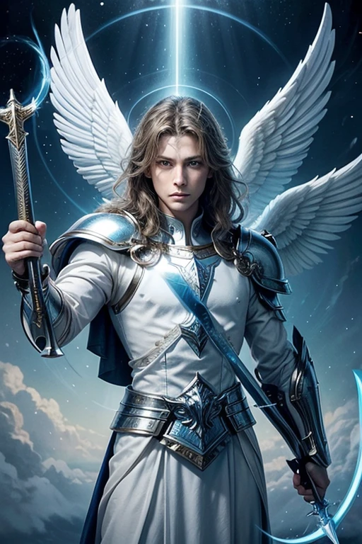 Create an image of a majestic angel, wielding a sword and shield. The prince of the heavenly angels, Archangel Michael. Predominantly blue and white and enveloped in an aura of divine light