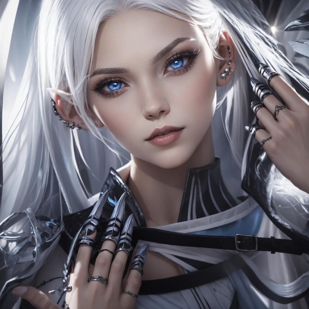  black clothing color, goodlooking, beauty face, gothic art, goth, white hair, blue eyes, clothes covered with ice, blue tattoos