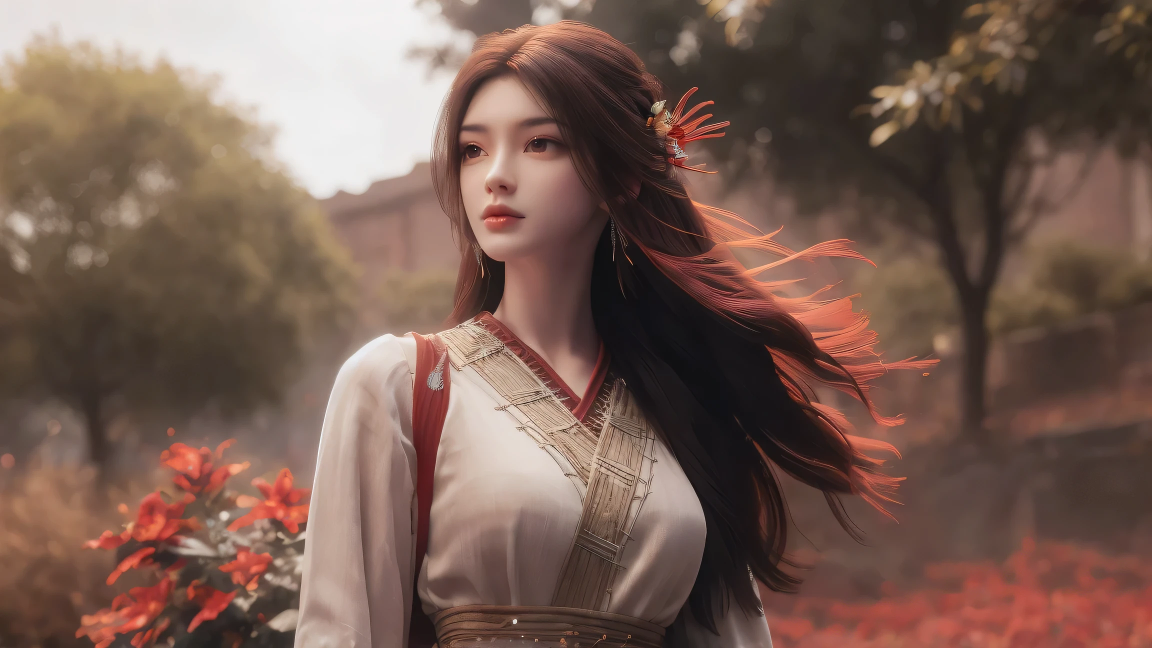 (absurdres, highres, ultra detailed), 1girl, solo, mature, (very long hair, red hair), Baroque, long dress, phoenix dress, long sleeve, elegant, colorful, highest detailed, upper body, outdoors, garden 