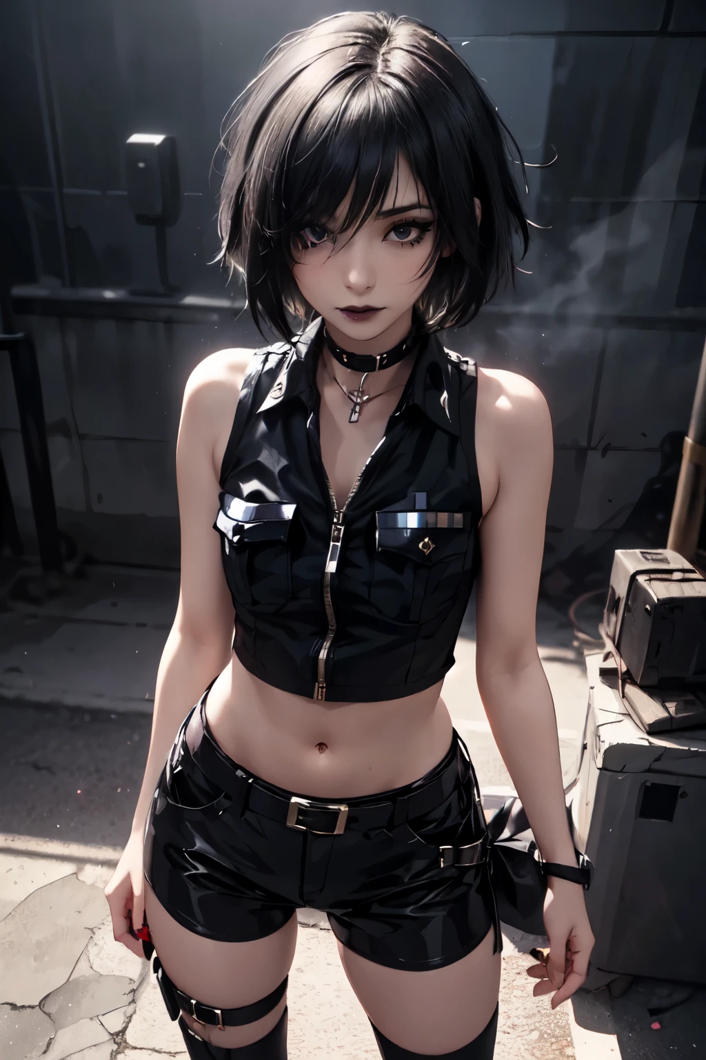 1Girl, woman, emo_hairstyle, black lipstick, dog collar, eyeliner, eye shadow, smoky eyes, realistic lighting, short hair, standing up, sexy police outfit, sleeveless.