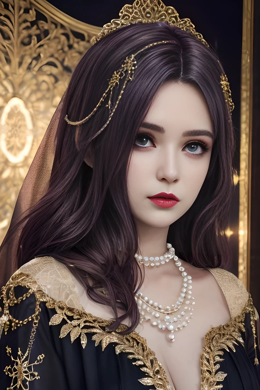 1girl, ice-crystal embellished dress, unclothed body, jewel, lace cloak, fluffs, pearl bodychain, beautiful detailed eyes, beautiful detailed lips, extremely detailed eyes and face, long eyelashes, best quality, 4k, 8k, highres, masterpiece, ultra-detailed, realistic, photorealistic, photo-realistic, ethereal glow, regal elegance, intricate details, luxurious, otherworldly beauty, dark atmospheric background, supernatural aura, elise,