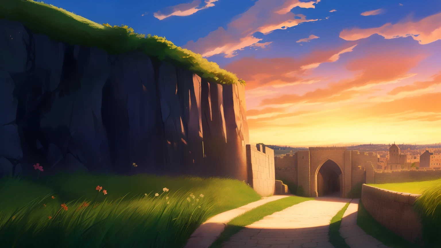 draw me a medieval city surrounded by a stone wall, sandy road leading to the main gate of the city