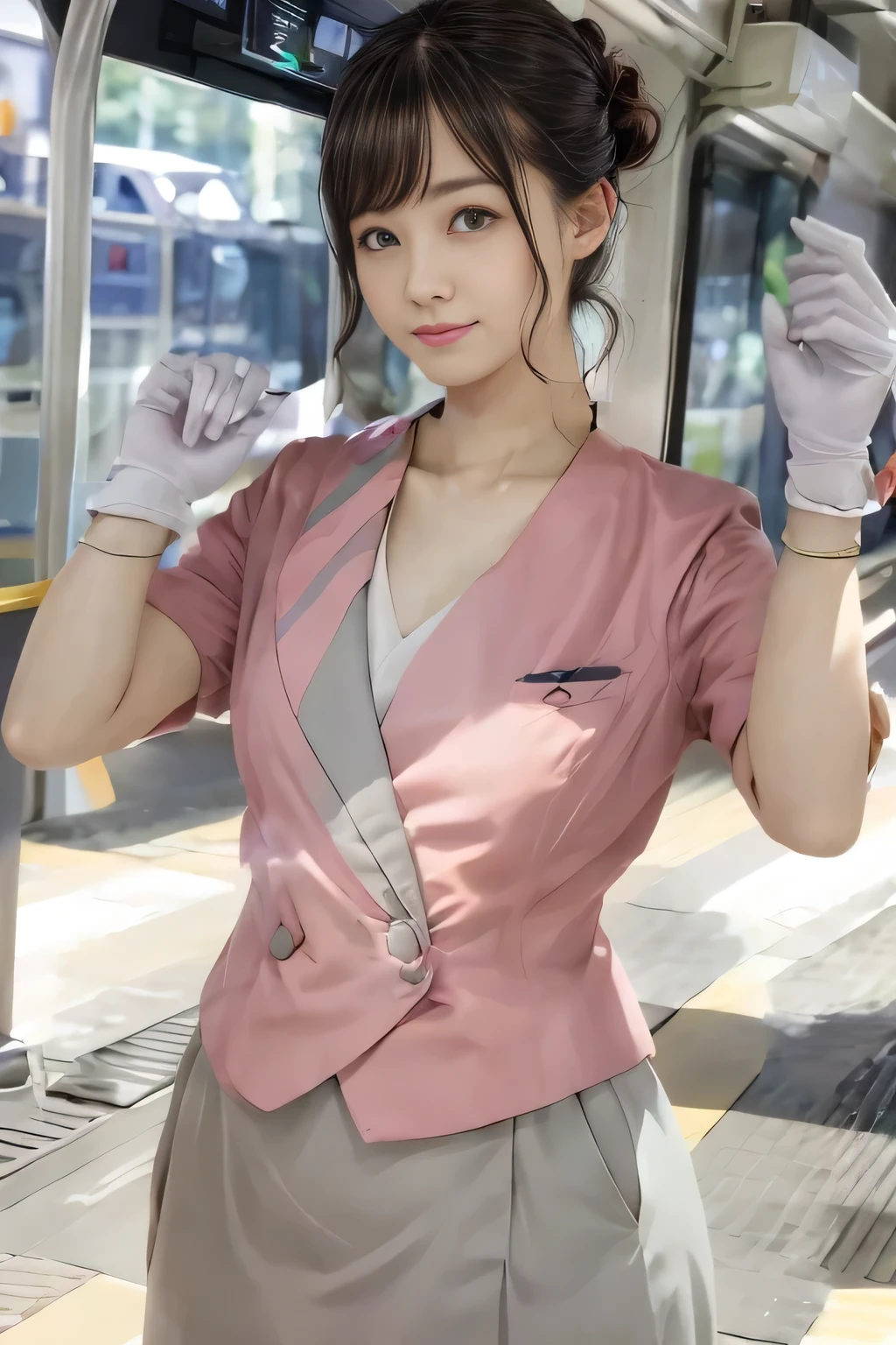 (masterpiece:1.2, highest quality:1.2), 32K HDR, High resolution, (alone、1 girl)、(On the rooftop of a building in the daytime、Professional Lighting)、Building rooftop background、(Nankai train crew uniform pinkを着たリアルスタイル)、(Nankai train crew uniform pink short sleeve pink jacket、Nankai Train Crew Uniform Pink Collarless Short Sleeve Blouse、Nankai Train Crew Uniform Pink Grey Knee-length Culottes)、Dark brown hair、(Hair tied up、Hair Bun、Hair Bun)、Dark brown hair、Long Shot、Big Breasts、Thin legs、((Great hands:2.0)),((Harmonious body proportions:1.5)),((Normal limbs:2.0)),((Normal finger:2.0)),((Delicate eyes:2.0)),((Normal eyes:2.0)))、smile、(Nankai Train Crew Uniform Pink Grey Knee-length Culottesを見せた美しい歩く姿)