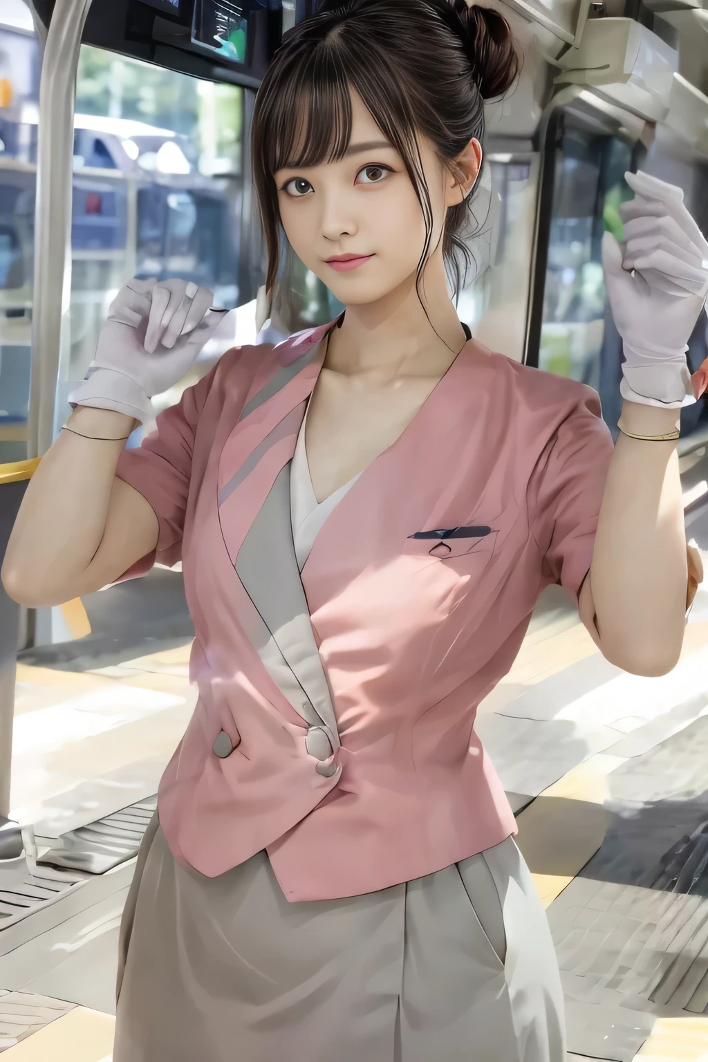 (masterpiece:1.2, highest quality:1.2), 32K HDR, High resolution, (alone、1 girl)、（On the rooftop of a building in the daytime、Professional Lighting）、Building rooftop background、（Nankai train crew uniform pinkを着たリアルスタイル）、（Nankai train crew uniform pink short sleeve pink jacket、Nankai Train Crew Uniform Pink Collarless Short Sleeve Blouse、Nankai Train Crew Uniform Pink Grey Knee-length Culottes）、Dark brown hair、（Hair tied up、Hair Bun、Hair Bun）、Dark brown hair、Long Shot、Big Breasts、Thin legs、（（Great hands：2.0）），（（Harmonious body proportions：1.5）），（（Normal limbs：2.0）），（（Normal finger：2.0）），（（Delicate eyes：2.0）），（（Normal eyes：2.0））)、smile、（Nankai Train Crew Uniform Pink Grey Knee-length Culottesを見せた美しい歩く姿）