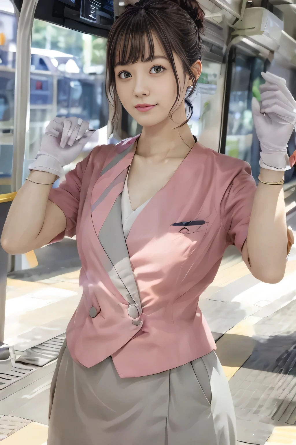 (masterpiece:1.2, highest quality:1.2), 32K HDR, High resolution, (alone、1 girl)、（On the rooftop of a building in the daytime、Professional Lighting）、Building rooftop background、（Nankai train crew uniform pinkを着たリアルスタイル）、（Nankai train crew uniform pink short sleeve pink jacket、Nankai Train Crew Uniform Pink Collarless Short Sleeve Blouse、Nankai Train Crew Uniform Pink Grey Knee-length Culottes）、Dark brown hair、（Hair tied up、Hair Bun、Hair Bun）、Dark brown hair、Long Shot、Big Breasts、Thin legs、（（Great hands：2.0）），（（Harmonious body proportions：1.5）），（（Normal limbs：2.0）），（（Normal finger：2.0）），（（Delicate eyes：2.0）），（（Normal eyes：2.0））)、smile、（Nankai Train Crew Uniform Pink Grey Knee-length Culottesを見せた美しい歩く姿）