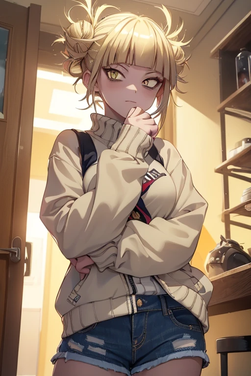 (1 girl),(Masterpiece),(High quality image),(perfect workmanship),(perfect image quality),(perfect image resolution),(himiko toga),(anime),+,(Boku no hero academia),(Yellow eyes with cat's pupils),(short blonde hair with polka dots),(wearing),+,(a black jacket with denim shorts)