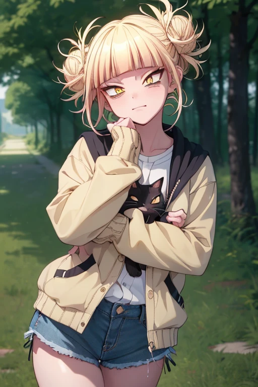 (1 girl),(Masterpiece),(High quality image),(perfect workmanship),(perfect image quality),(perfect image resolution),(himiko toga),(anime),+,(Boku no hero academia),(Yellow eyes with cat's pupils),(short blonde hair with polka dots),(wearing),+,(a black jacket with denim shorts)