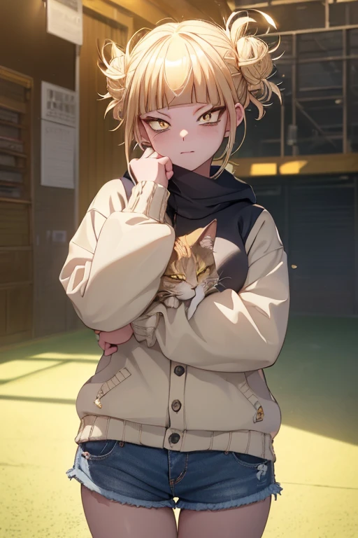 (1 girl),(Masterpiece),(High quality image),(perfect workmanship),(perfect image quality),(perfect image resolution),(himiko toga),(anime),+,(Boku no hero academia),(Yellow eyes with cat's pupils),(short blonde hair with polka dots),(wearing),+,(a black jacket with denim shorts)