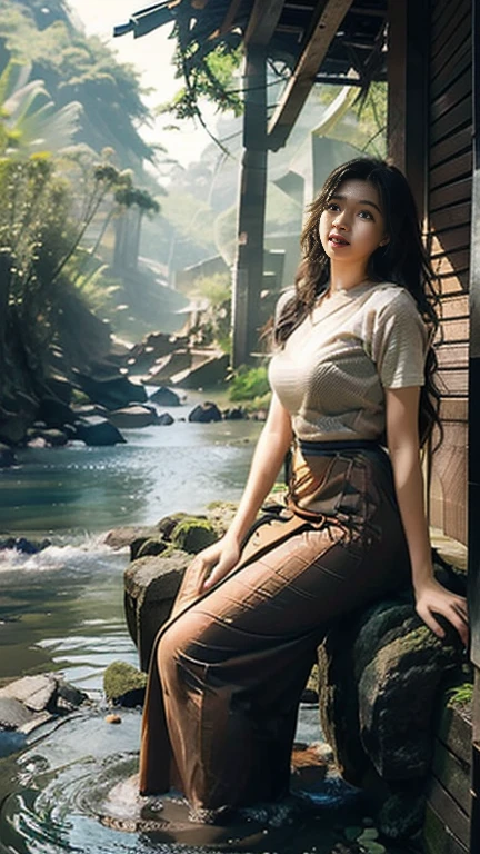 no upper floor; A beautiful Burmese woman in a long skirt takes a relaxing bath by the river. I took a shower and my whole body was wet. No top, but my breasts were covered with a long skirt
