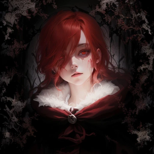 there is a digital painting of a woman with red hair, crimson red hair and red eyes, yume nikki, watery red eyes, mysterious eerie portrait, painted in the style arcane, ((red)) baggy eyes, inspired by Louis Grell, glowing crimson head, crimson themed, inspired by Samuel Hieronymus Grimm, creepy gothic portrait, with red glowing eyes