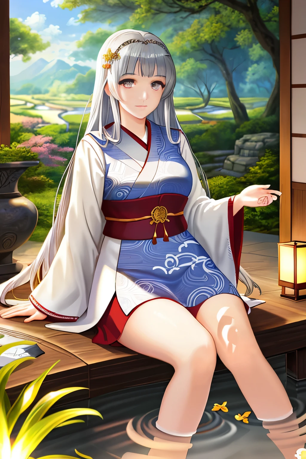 Masterpiece, High Resolution, Kannagi Iyagi, S2, Hegira Art, Ultra-detailed, Anime, Goddess of Rice Fields, Serene expression, Long, wavy silver hair, Traditional Japanese attire, Vibrant red and white accessories, Glowing golden aura, Elegant pose, Graceful posture, Showcasing divine powers, Surreal environment, Nature elements, Breathtaking scenery, Exquisite details, World-class quality, 4K, Detailed shading, Full body rendering, Best quality, Beautiful, Extremely detailed, High resolution, Detailed facial features, Pixiv artwork.