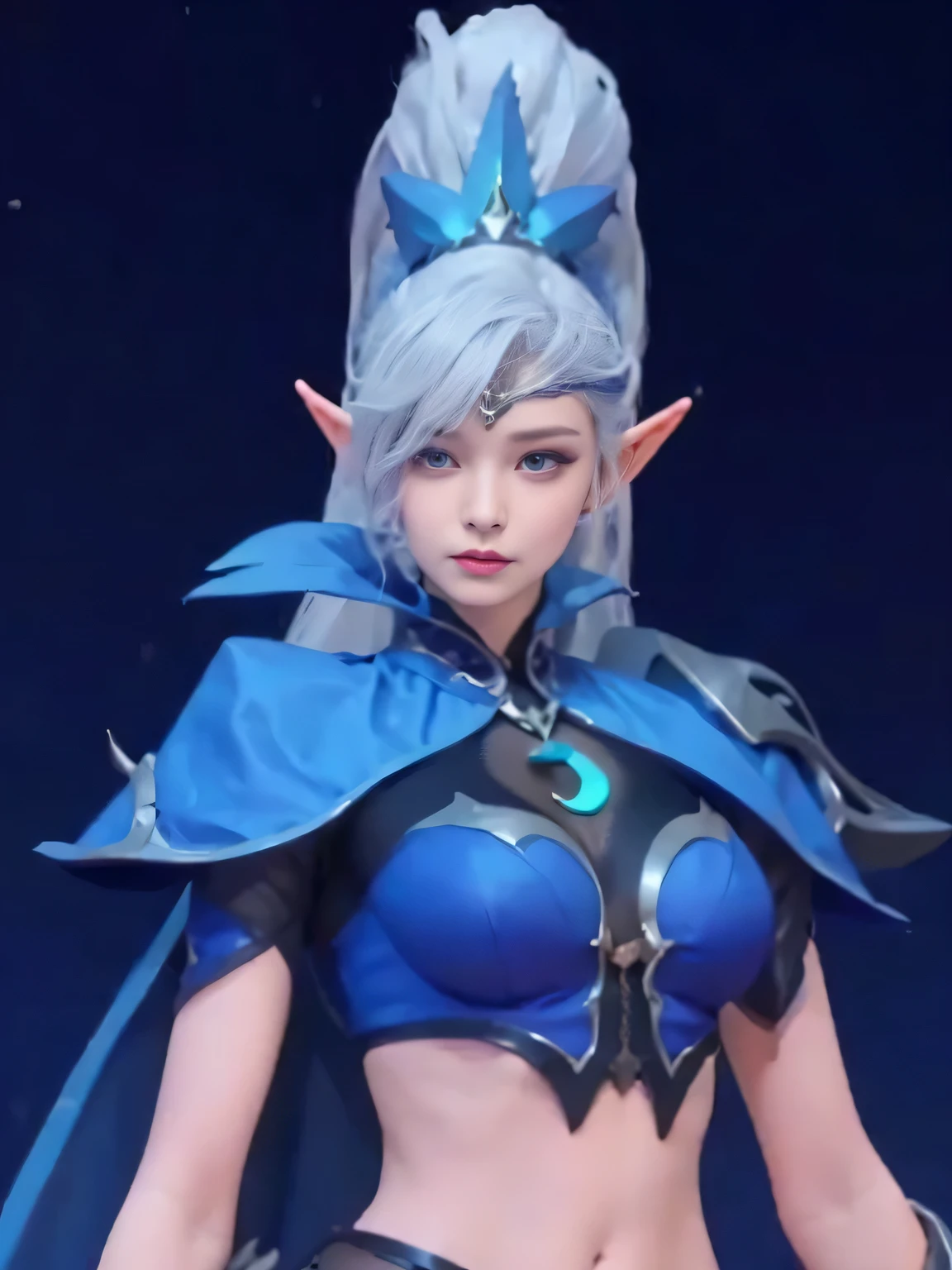 a woman with purple hair and a leotard clothes, extremely detailed, cleavage breast, breast ball, detail outfit, perfect body, 8k, not slim, realistic hair, kpop face, detail clothes, detail hair, elf