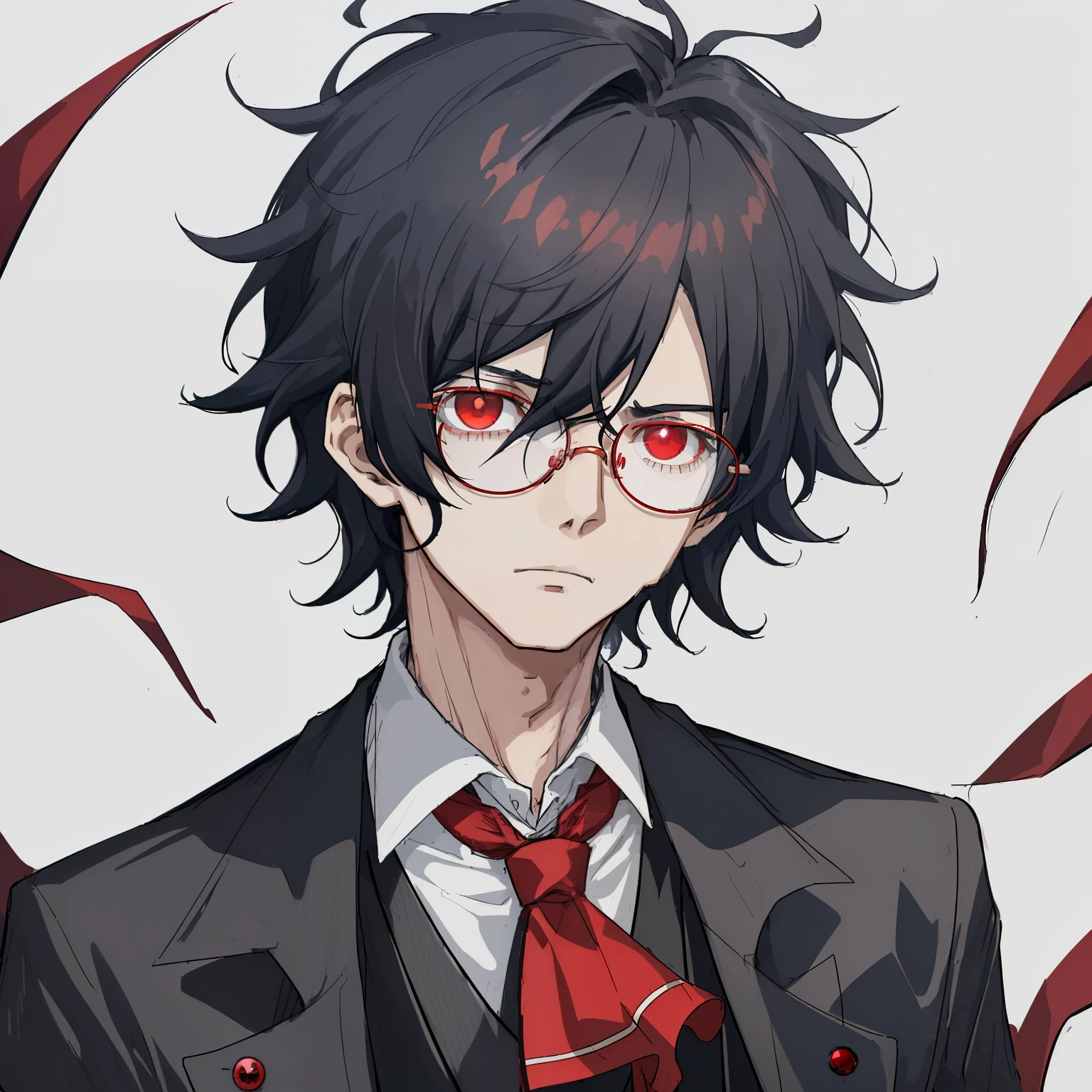 1boy, anime, unkempt_short_wavy_hair, black_hair, navy_blue_long_coat, red_waistcoat, black_ascot_tie, red_eyes, white_background, black_glasses, looking_at_viewer