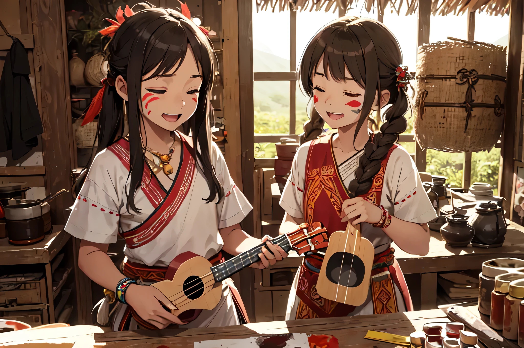 (masterpiece, best quality, highly detail), color, (magnificent view:1.2), village, festival, wooden hut, (brown skin:1.2), tropical country, (tribe shaman girl, shamanic face painting:1.2), traditional tribecloth costume, tribe necklace, tribe bracelet, tribe ornament, happy smile, blush, closed eyes, open mouth, black pigtails hair, (traditional tribe instruments, shamanicaly painted instruments:1.3), (koto:1.3), (very small ukulele:1.3), perfect fingers, fantasy, fairly tail, singing, play a music, motion blur,