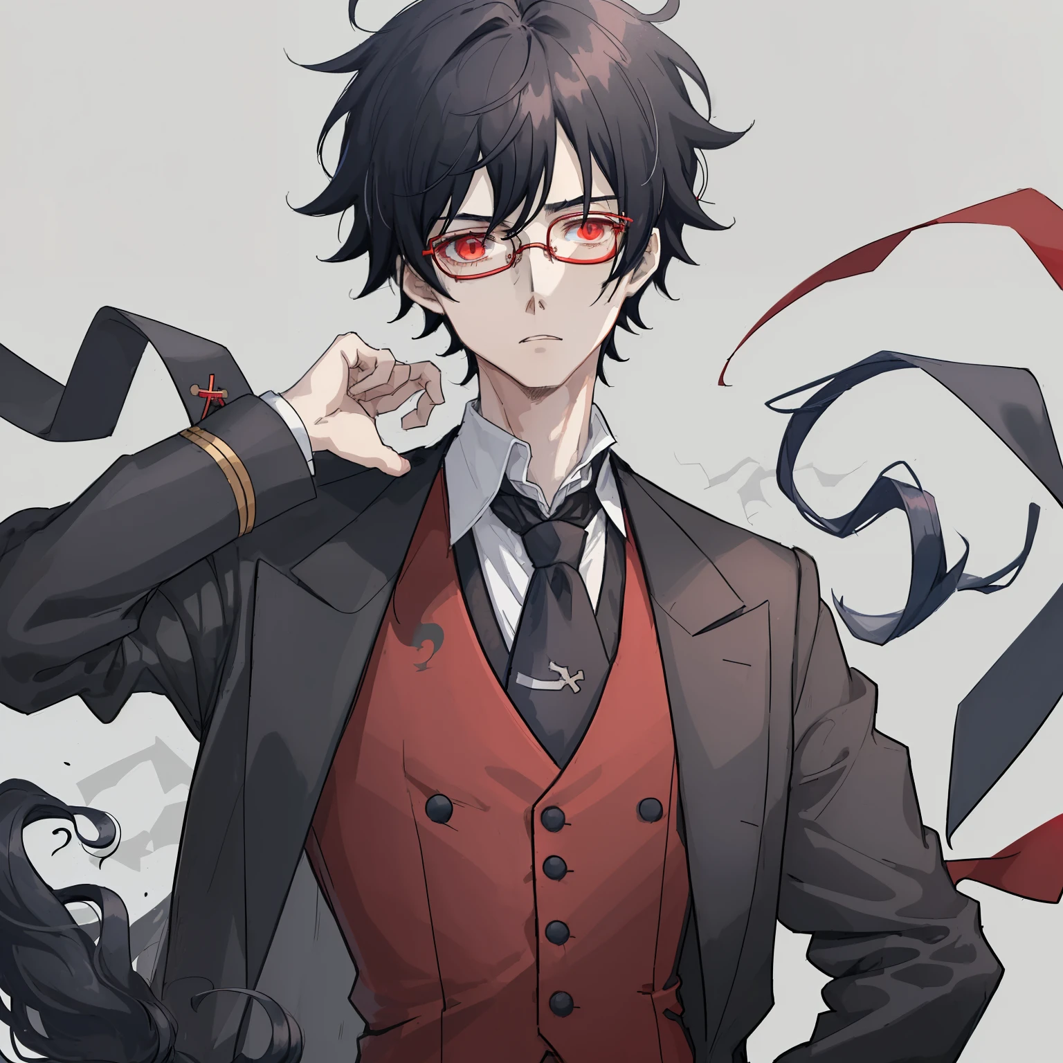 1boy, anime, unkempt_short_wavy_hair, black_hair, navy_blue_long_coat, red_waistcoat, black_ascot_tie, red_eyes, white_background, black_glasses, looking_at_viewer