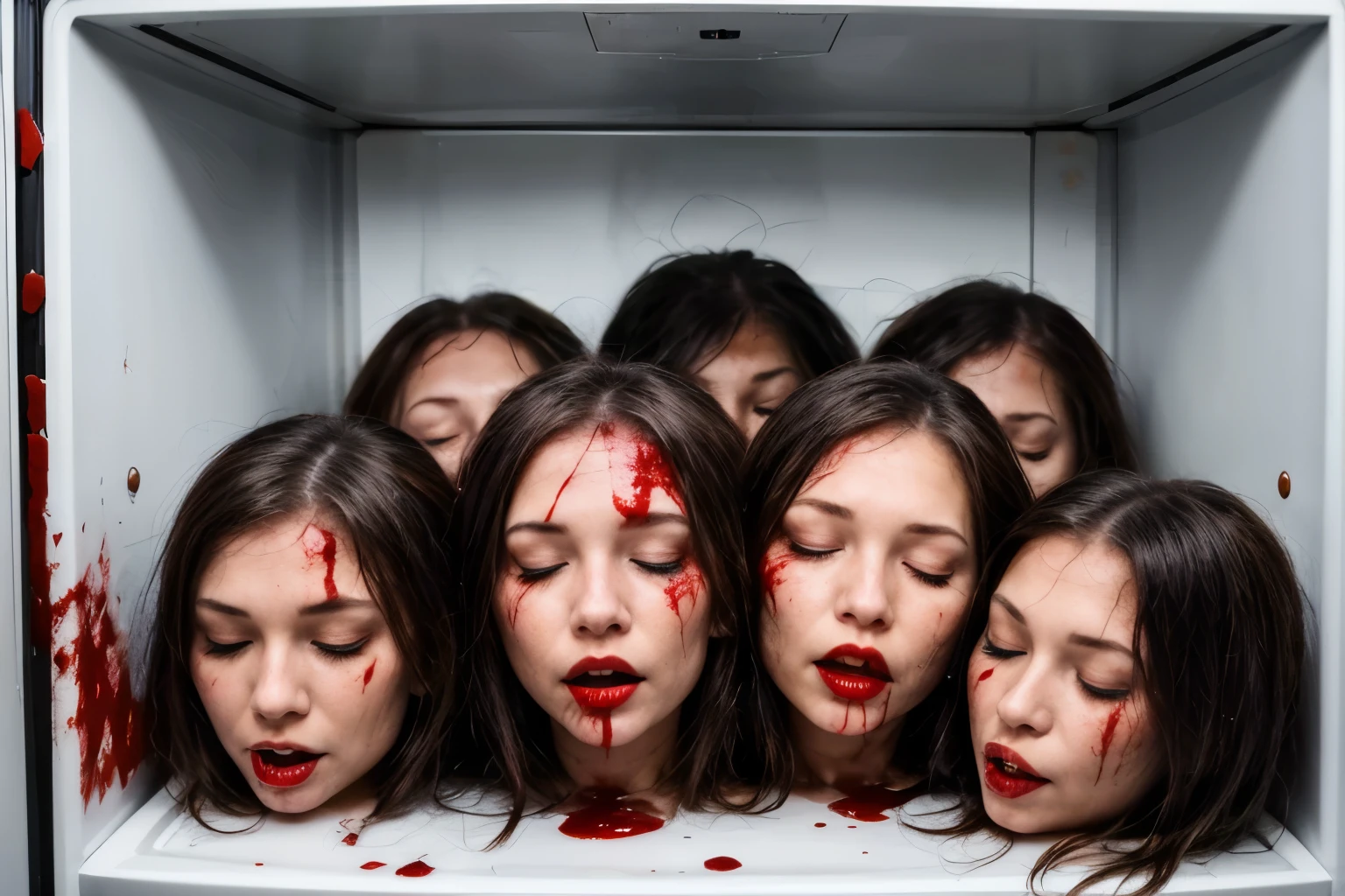 Several decapitated heads of beautiful women, in the fridge, full of blood, ((eyes closed)), bleeding, photorealistic, 4K, Nikon, horror