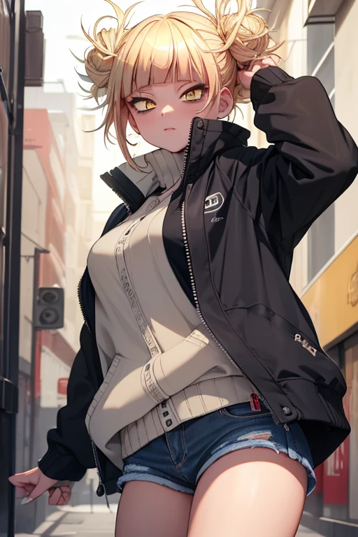 (1 girl),(Masterpiece),(High quality image),(perfect workmanship),(perfect image quality),(perfect image resolution),(Yellow eyes, cat's pupils),(short blonde hair with two pompoms),(beautiful eyes),(perfect resolution),(himiko toga),(anime),+,(Boku no hero academia),(Yellow eyes with cat's pupils),(short blonde hair with polka dots),(wearing),+,(a black jacket with denim shorts)
