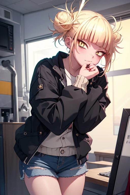 (1 girl),(Masterpiece),(High quality image),(perfect workmanship),(perfect image quality),(perfect image resolution),(Yellow eyes, cat's pupils),(short blonde hair with two pompoms),(beautiful eyes),(perfect resolution),(himiko toga),(anime),+,(Boku no hero academia),(Yellow eyes with cat's pupils),(short blonde hair with polka dots),(wearing),+,(a black jacket with denim shorts)