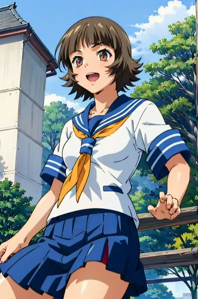(masterpiece:1.3),(highest quality:1.4),(Super detailed:1.5),8K,High resolution,an extremely delicate and beautiful,Official Art,Perfect Anatomy,(anime_screencap:1.11),(90s Anime,90s Anime style,Cel-shaded anime:1.17),
anime coloring,detailed face and eyes, (solo:1.5),(anmnr:1.1),((ekitokuwz:1.52)),(school uniform:1.3),serafuku,short brown hair, pleated skirt, blue skirt, brown eyes, yellow neckerchief, short sleeves, japanese architecture,
Outdoor, sunny, Jumping, :d