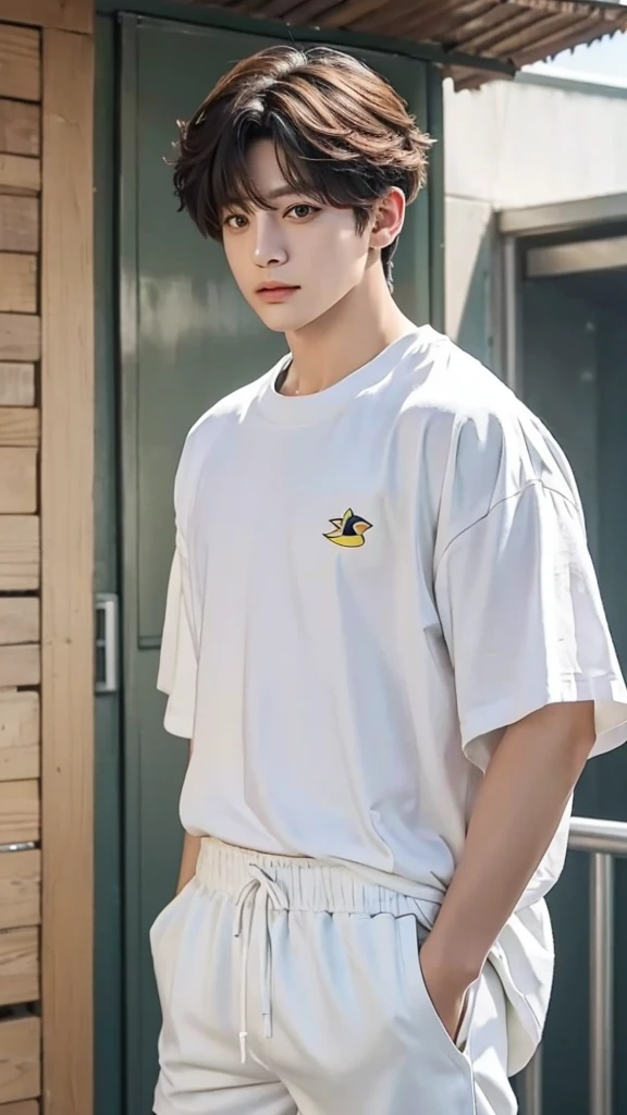 Jungkook, duck hybrid, long white messy hair, confused expression, white shirt and shorts, with many duck feathers