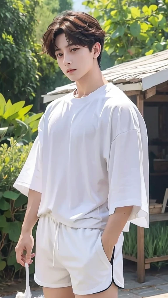 Jungkook, duck hybrid, long white messy hair, confused expression, white shirt and shorts, with many duck feathers