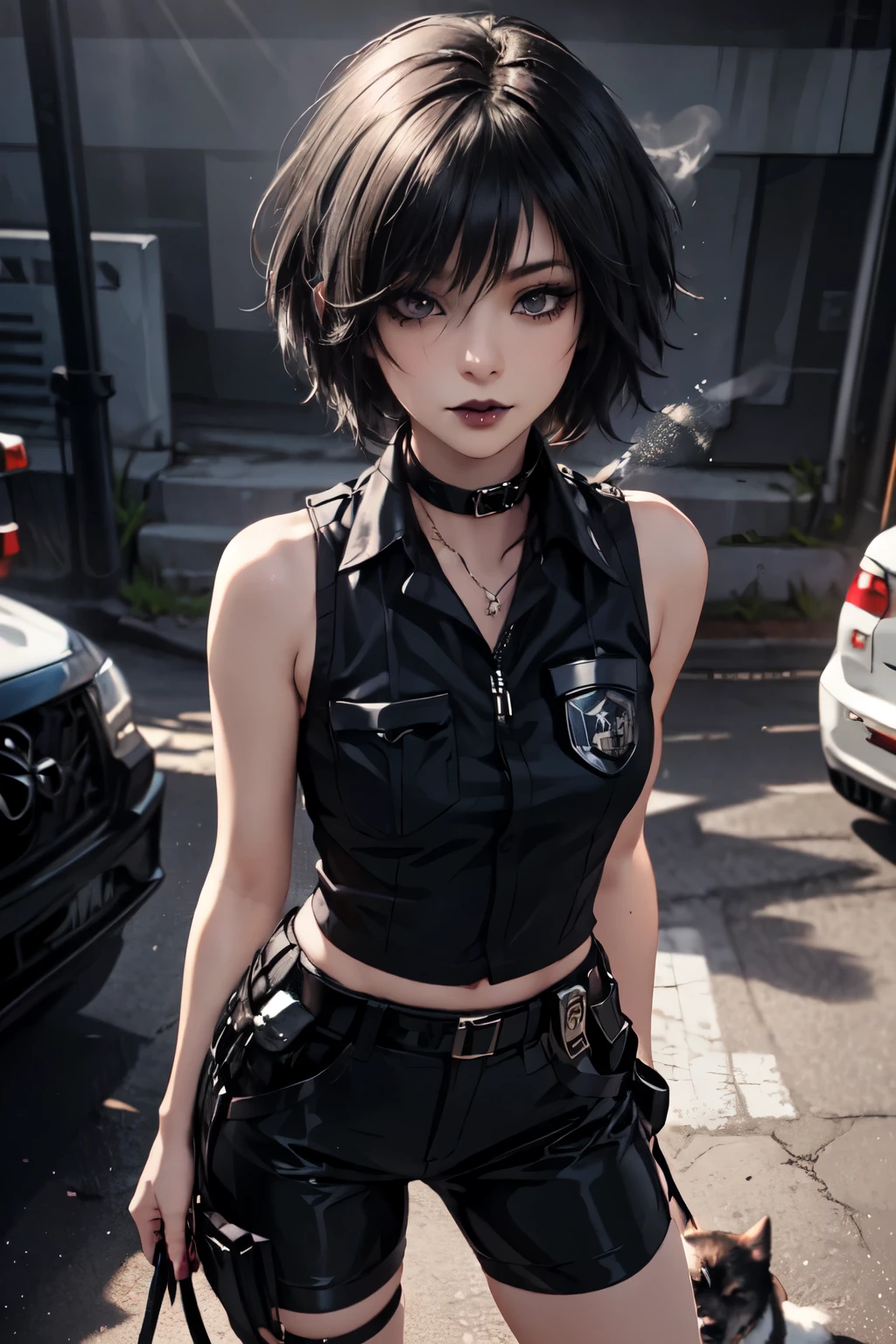 1Girl, woman, emo_hairstyle, black lipstick, dog collar, eyeliner, eye shadow, smoky eyes, realistic lighting, short hair, standing up, sexy police outfit, sleeveless.