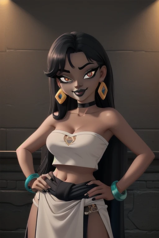 ((Masterpiece)), ((Best Quality)), (4K quality), ((Detailed face:1.2), (Detailed eyes:1.2), (Detailed pupils:1.2), Ultra High Resolution, intricate details, ultra-detailed, dramatic lighting, 1girl,solo, Chel, dark-skinned female, goth themed, goth style, reflective skin, black hair, long hair, (Wearing: black tube top, black loincloth, black eyeshadow, black lipstick, piercing, black bracelet's and black earrings:1.2), collarbone, bare shoulders, medium breasts, cleavage, midriff, wide hips, upper body, hands on hips, looking at viewer, she's looking at the camera with a flirtatious smile
