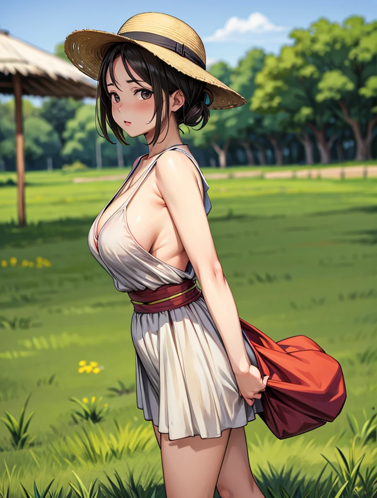 There is a woman standing in a field with a hat, japanese farmer, vistiendo ropa de granja, en el campo, en una granja, (SFW) seguro para el trabajo, grueso, makoto shinka, vestido casualmente, Totalmente vestida!!!, con pechos grandes, pechos grandes!, female protagonist 👀 :8, con pechos grandes, oppai