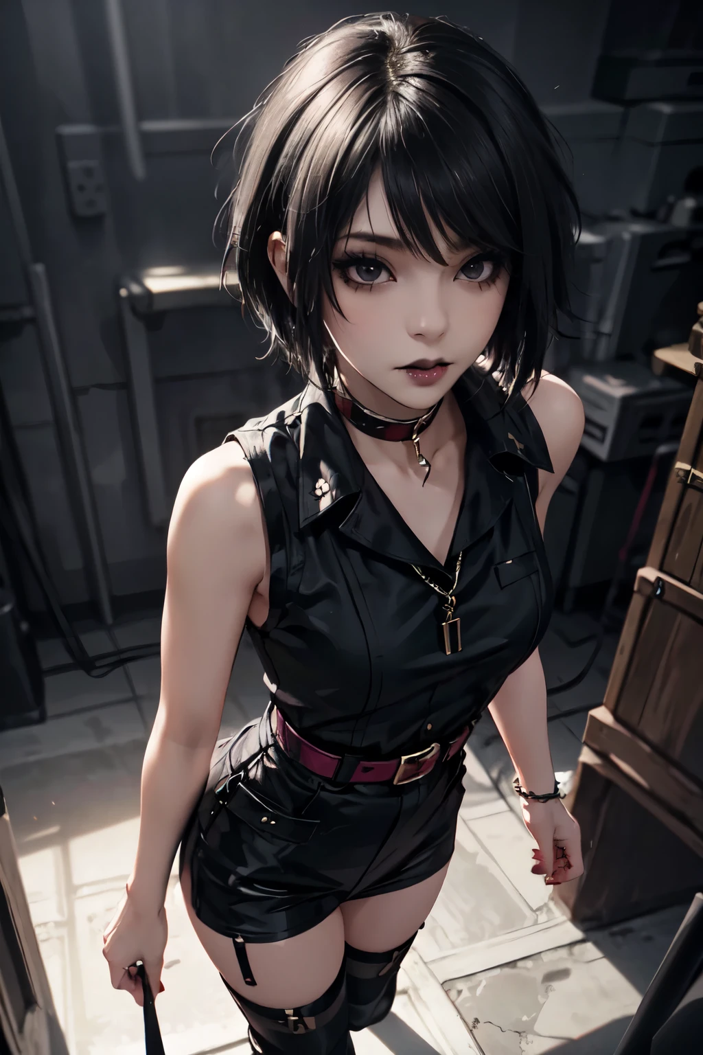 1Girl, woman, emo_hairstyle, black lipstick, dog collar, eyeliner, eye shadow, smoky eyes, realistic lighting, short hair, standing up, sexy military outfit, sleeveless.