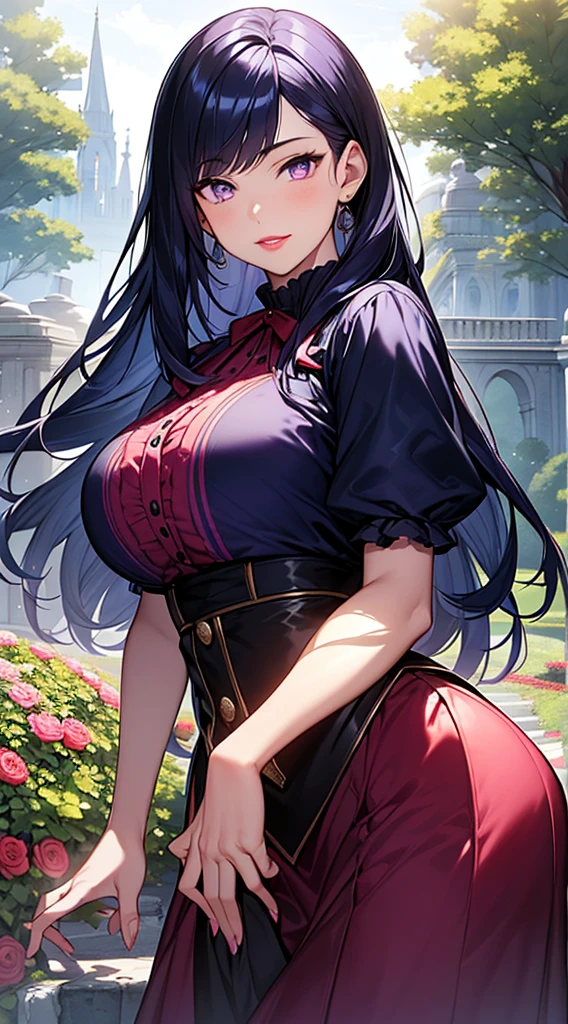 (Absurd, High resolution, Super detailed), masterpiece, Hinata(bolt), ((alone)), One girl,Huge breasts, Long purple Victorian dress, Mouth closed, (((Long Hair))),Are standing, Bodice and skirt patterns, Frilled Skirt, race, Blinking blinking effect, (((Detailed lips))), garden, Pink and yellow flowers, ((Realistic Skin)), Glowing Skin, ((Glossy Red Lips)), Purple eyes, Portraiture, beautiful, smile, (((Dark blue hair))), Bust Crop, Normal skin