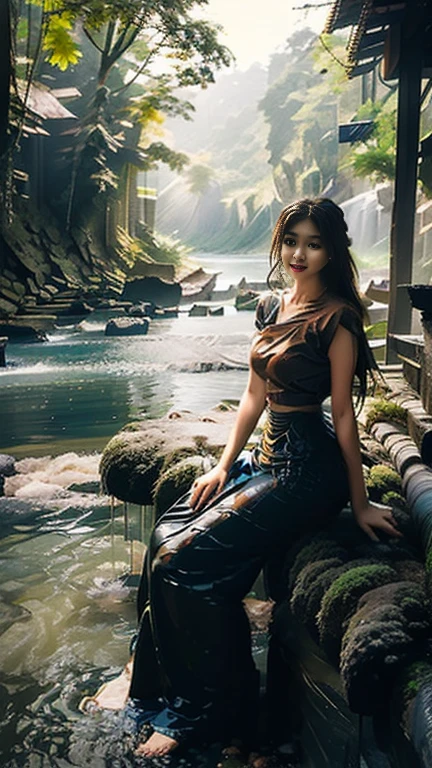 no upper floor; A beautiful Burmese woman in a long skirt takes a relaxing bath by the river. I took a shower and my whole body was wet. No top, but my breasts were covered with a long skirt