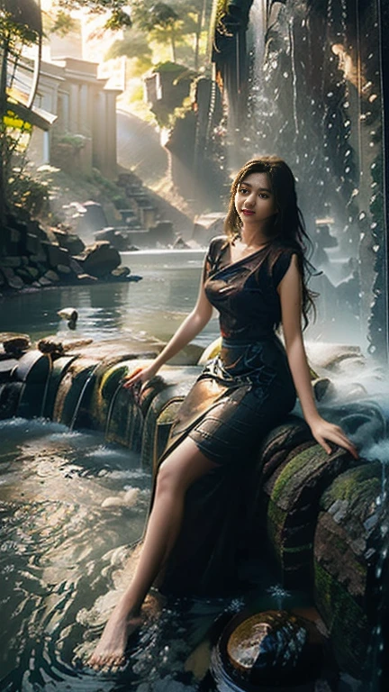 ((masterpiece, highest quality, Highest image quality, High resolution, photorealistic, Raw photo, 8K)), young woman photography of a waterfall with her cell phone, next to waterfall, cell phone photography, with waterfall, standing in front of waterfall, with waterfall, cell phone footage, standing near waterfall, full shot of landscape, waterfall in background, with waterfall and river, cell phone photography graphy, waterfall in background, photography, iconic scene,