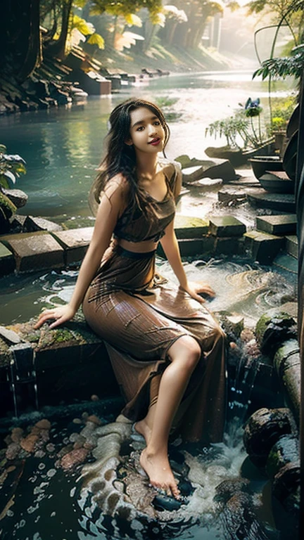 no upper floor;  A beautiful Burmese woman in a long skirt takes a relaxing bath by the river.  I took a shower and my whole body was wet. No top, but my breasts were covered with a long skirt