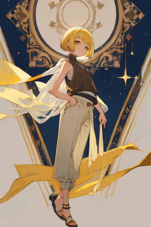 ((highest quality)), ((masterpiece)), (be familiar with),woman,Yellow Hair,Bobcut,Sleeveless sweater,shawl,pants,anklet